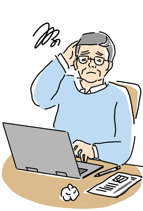 Clip art of senior man in trouble in front of computer