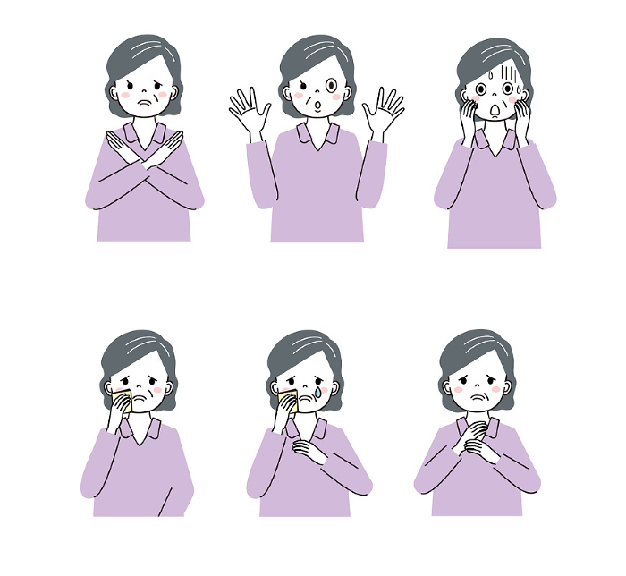 Set of senior women with various facial expressions Negative and negative facial expression differential set