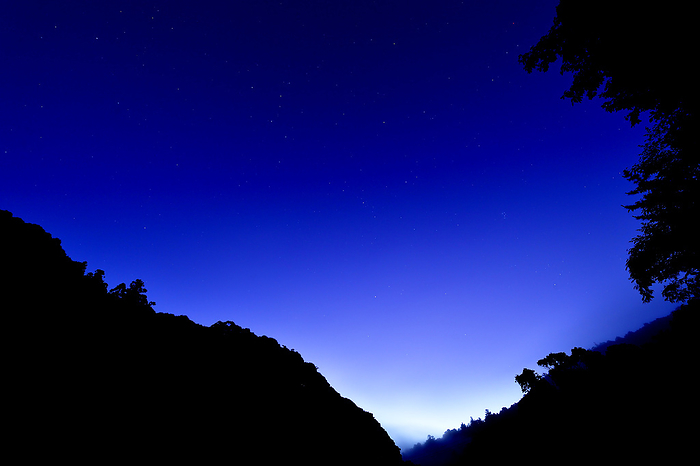 Dawn of Ise Eureka Forest, Jingu Forest, Old Gokasho Road, Mie Prefecture Constellations float in the morning light. The sky over the ridge of the Jingu Forest in the Ise Yuukyuu Forest and the upper reaches of the Isuzu River begins to turn pearly.