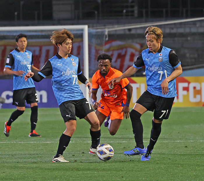 2023 24 AFC Champions League East Regional Final, Round 1, Round 2  ACL Kawasaki F Shandong Kawasaki F s Sota Miura  right  and Yuki Yamamoto  second from left  take part in the match in the second half  Photo by Kentaro Nishiumi February 20, 2024 Photo date 20240220