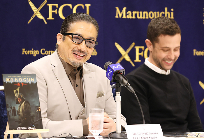 Japanese actor attends a press conference for samurai drama  Shogun  February 20, 2024, Tokyo, Japan   Japanese actor Hiroyuki Sanada  L  speaks for his latest online historical drama  Shogun  while producer Justin Marks  R  smiles at the Foreign Correspondents  Club of Japan in Tokyo on Tuesday, February 20, 2024. Shogun, a 10 part samurai drama will be streaming service by Disney plus on February 27.     photo by Yoshio Tsunoda AFLO 