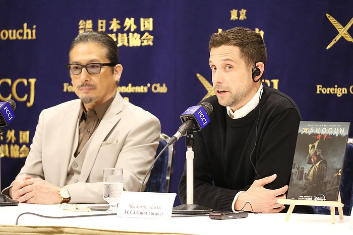 Japanese actor attends a press conference for samurai drama  Shogun  February 20, 2024, Tokyo, Japan   American producer Justin Marks  R  speaks for his latest online historical drama  Shogun  while actor Hiroyuki Sanada  L  looks on at the Foreign Correspondents  Club of Japan in Tokyo on Tuesday, February 20, 2024. Shogun, a 10 part samurai drama will be streaming service by Disney plus on February 27.     photo by Yoshio Tsunoda AFLO 