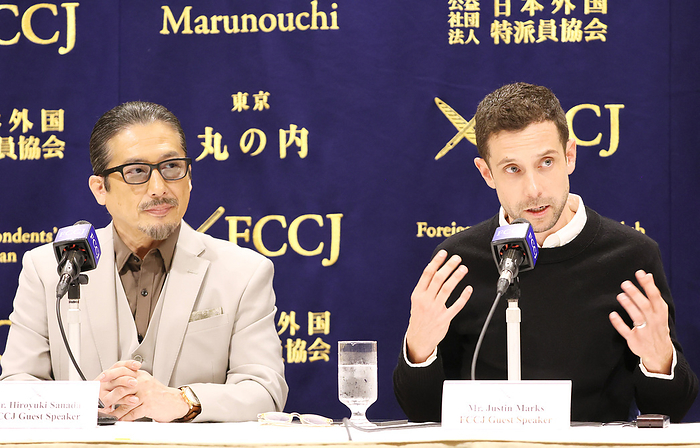 Japanese actor attends a press conference for samurai drama  Shogun  February 20, 2024, Tokyo, Japan   American producer Justib Marks  R  speaks for his latest online historical drama  Shogun  while actor Hiroyuki Sanada  L  looks on at the Foreign Correspondents  Club of Japan in Tokyo on Tuesday, February 20, 2024. Shogun, a 10 part samurai drama will be streaming service by Disney plus on February 27.     photo by Yoshio Tsunoda AFLO 