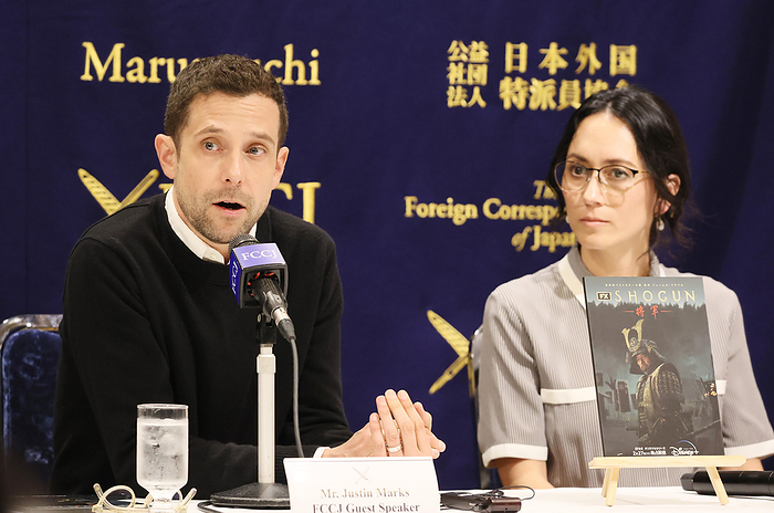 Japanese actor attends a press conference for samurai drama  Shogun  February 20, 2024, Tokyo, Japan   American producer Justin Marks  L  speaks for his latest online historical drama  Shogun  while his wife producer Rachel Kondo  R  looks on at the Foreign Correspondents  Club of Japan in Tokyo on Tuesday, February 20, 2024. Shogun, a 10 part samurai drama will be streaming service by Disney plus on February 27.     photo by Yoshio Tsunoda AFLO 