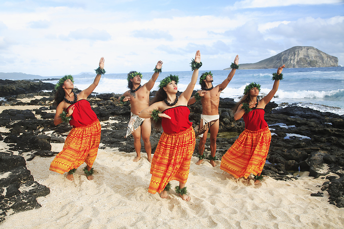 Hula Dance Hawaii Oahu Hawaii, Oahu, Makapu u Beach, Group Of Tahitian Male And Female Dancers Posing, Rabbit Island In Background.