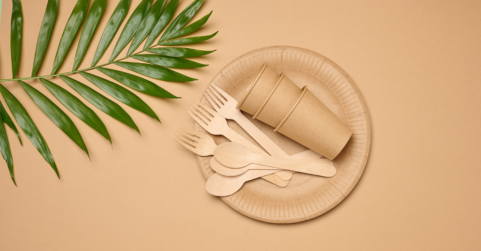 Paper plates and cups, wooden spoons and forks on a beige background, top view Paper plates and cups, wooden spoons and forks on a beige background, top view