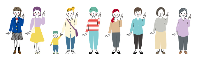 Illustration of women of various ages in pointing poses and winking.