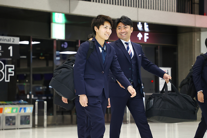 Japan women s national soccer team at Narita Airport Japan s Kiko Seike  L  and physical coach Keisuke Otsuka ahead of the departure to Saudi Arabia at Narita Airport in Chiba, Japan, February 20, 2024. Japan will face North Korea in the AFC Women s Olympic Football Tournament Paris 2024 Round 3 match.  Photo by JFA AFLO   