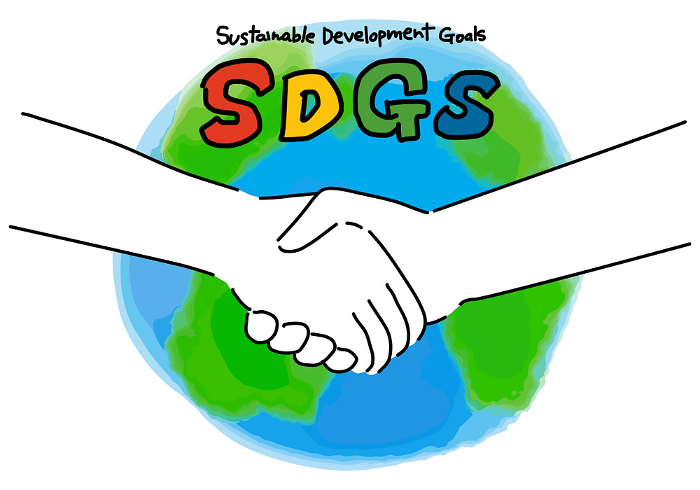 Icons of shaking hands, the earth (southern hemisphere) and the SDGs