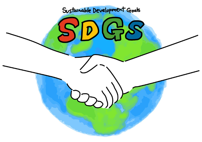 Cute icons of shaking hands, the earth and the SDGs