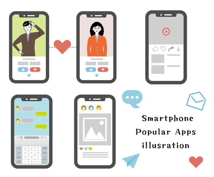 Set of image illustrations of popular smartphone applications