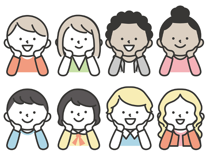 Set of illustrations of children from various countries of the world, upper half of smiling face with cheekbones
