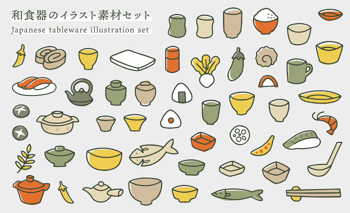 Illustration set of hand-painted Japanese tableware