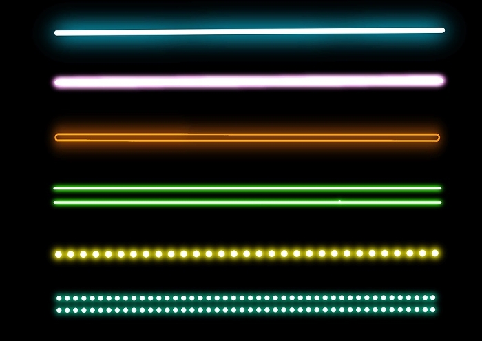 Set of fluorescent lines, including neon-colored dots and dashed lines