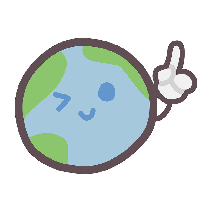 Illustration of a cute deformed character of the earth winking and pointing at something.