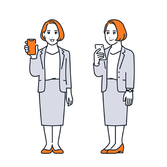 Simple vector illustration set of middle woman holding a smartphone.