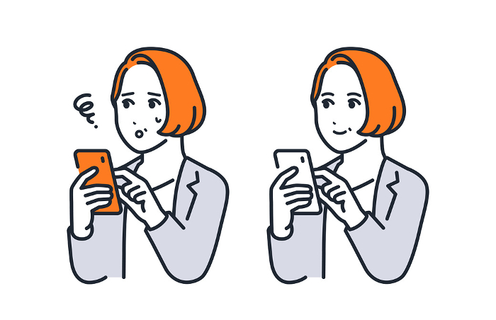Simple vector illustration set of middle woman operating a smartphone.