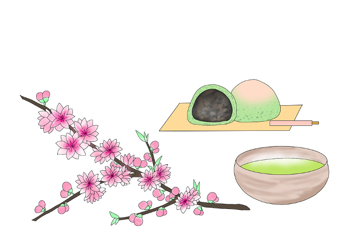 Kusamochi, Japanese tea and peach blossoms