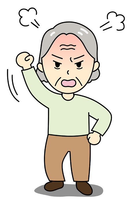An angry old lady with her fists in the air.