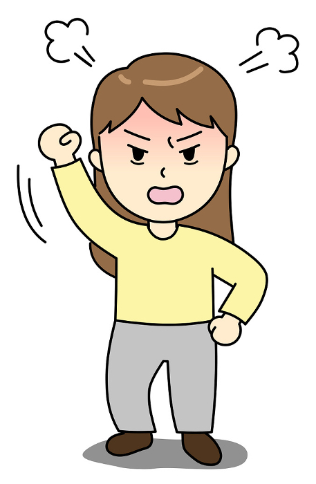 Angry young woman with her fists in the air.