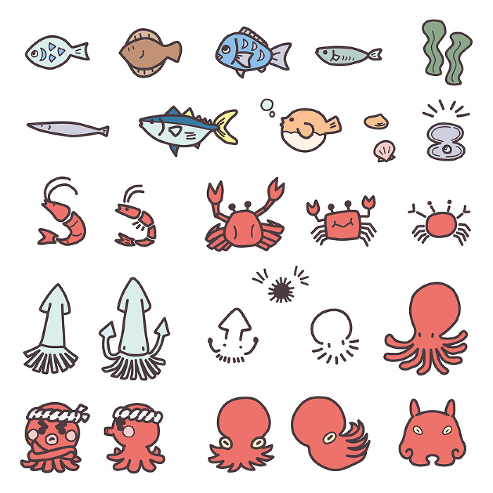 A set of simply deformed illustrations of various fish, octopus, and other sea creatures