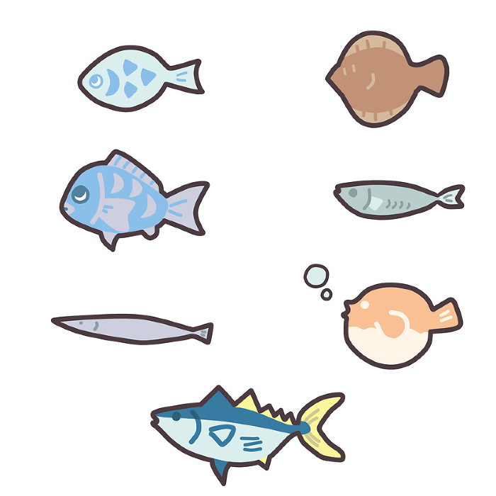 Clip art set of various fishes simply deformed, including flatfish, puffer fish, tuna, etc.