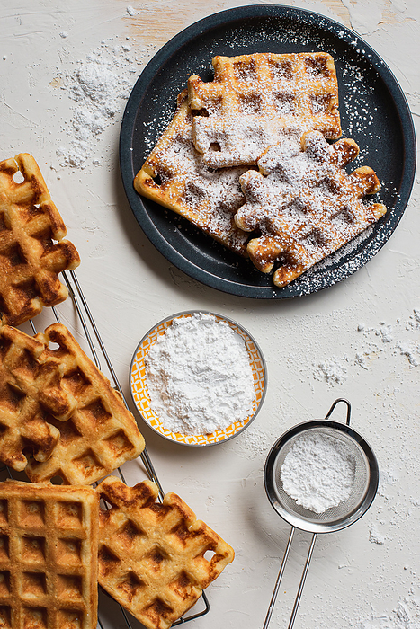 Waffles with powdered sugar on dark gray plate, Seattle, Washington, United States, by Cavan Images / Lindsay Nolan