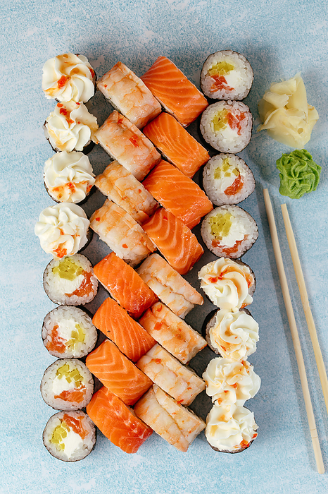 sushi set of several types of sushi rolls, Paris, Île-de-France, France, by Cavan Images / Aleksandr Kuzmin