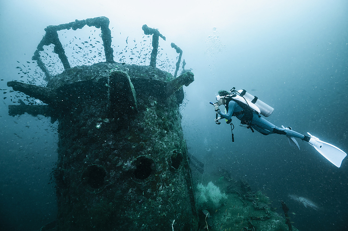 diver exploring wreck close to the island of Koh Tao / Thailand, Chumphon Buri, Surin, Thailand, by Cavan Images / Henn Photography