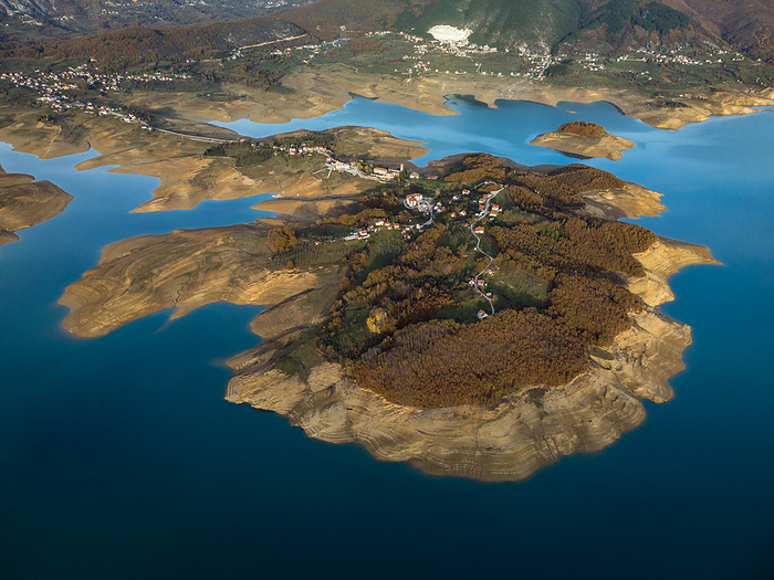 Aerial view of Šćit and Rama Lake, Šćit, Federation of Bosnia and Herzegovina, Bosnia and Herzegovina, by Cavan Images / Ulderico Images