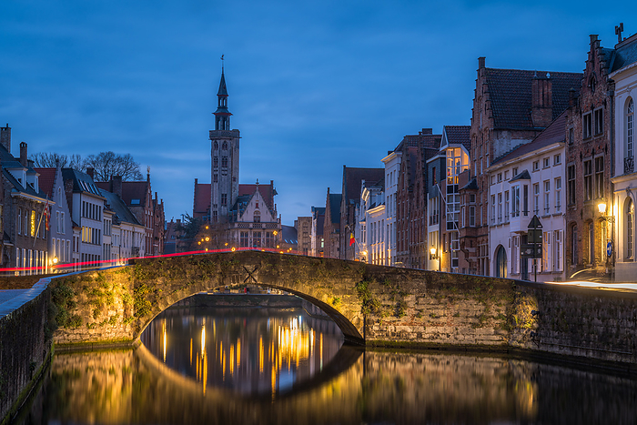 Blue hour bridge at Spiegelrei in Bruges, Bruges, Flanders, Belgium, by Cavan Images / Ulderico Images