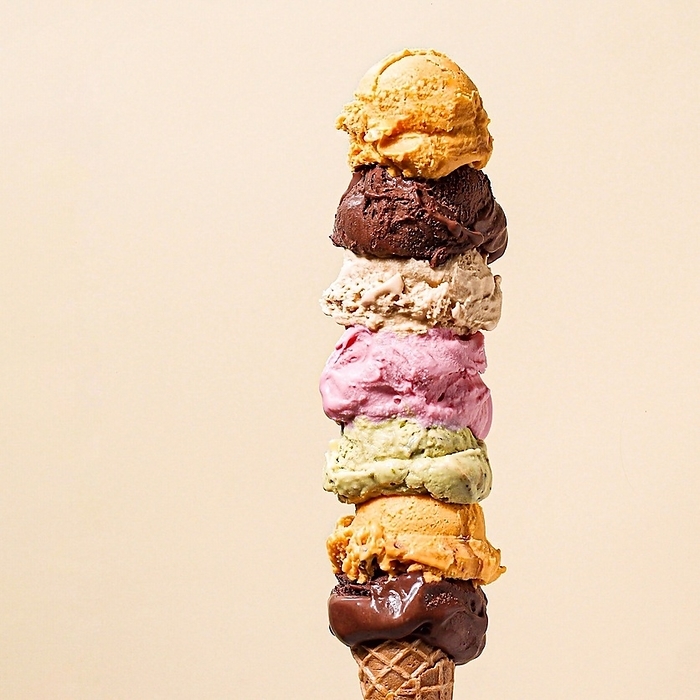 Tower of Assorted Ice Cream Scoops. Cover for ice cream shop, California City, California, United States, by Cavan Images / Galigrafiya