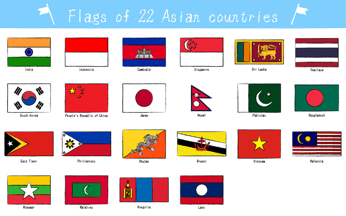 World Flag, set of 22 Asian countries, hand-painted style