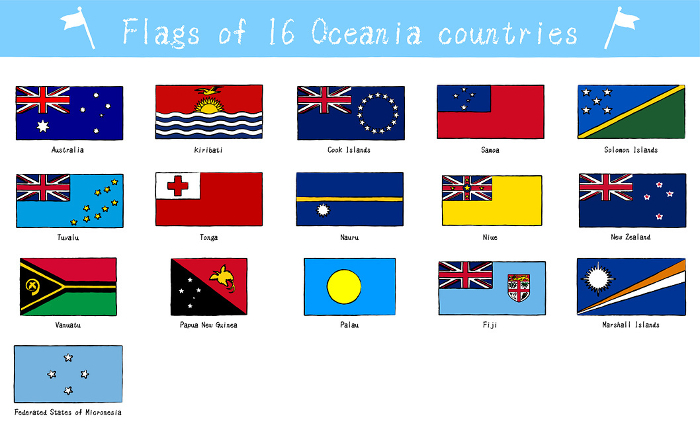 Flags of the world, set of 16 countries of Oceania, hand-painted style