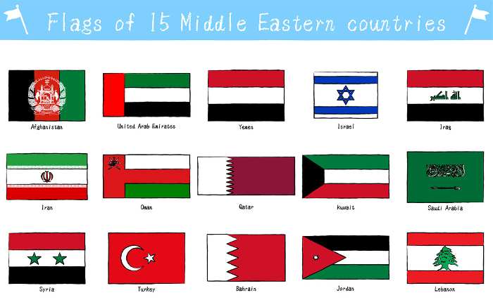 Flags of the World Set of 15 countries of the Middle East, hand-painted style