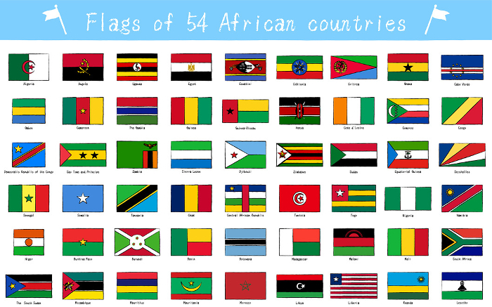 World Flag, set of 54 African countries, hand-painted style