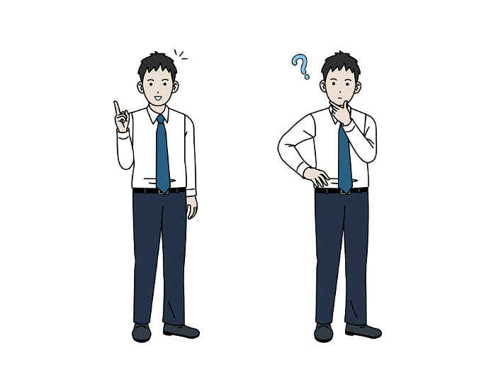 Question, illustration of a young office worker man who thinks and speaks.