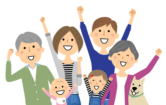 Three generations of a family with arms raised in the air
