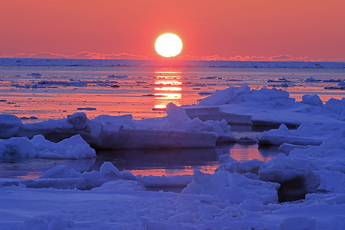 Drift ice and sunrise from Notsuke Peninsula, Hokkaido