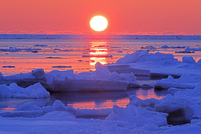Drift ice and sunrise from Notsuke Peninsula, Hokkaido