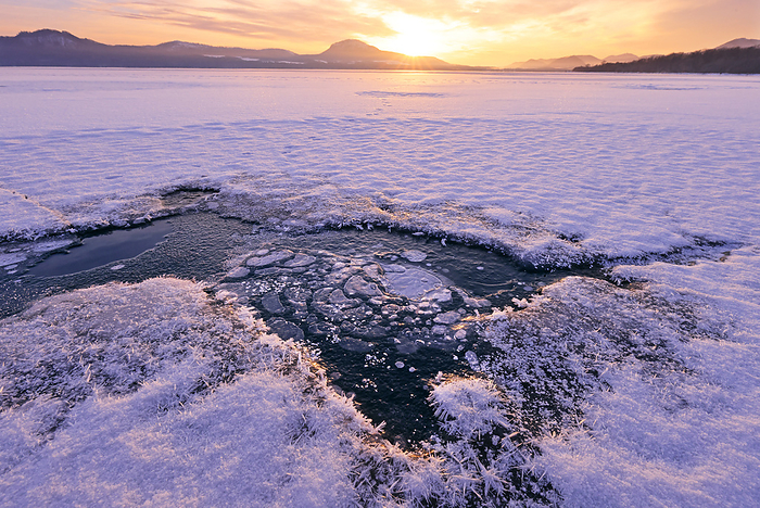 Ice Bubble and Frost Flower at Lake Kussharo in the morning, Hokkaido