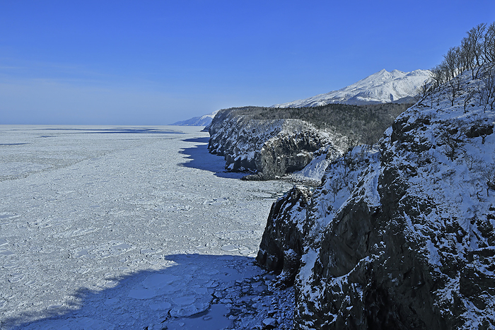 Drift Ice and Shiretoko Mountain Range on the Iwaobetsu Coast, Hokkaido