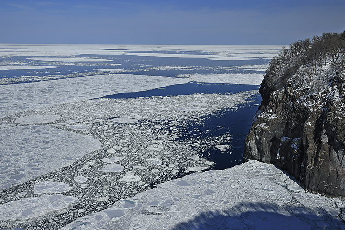 Drift ice on the Sea of Okhotsk from the cliffs of Yunohana Falls, Hokkaido