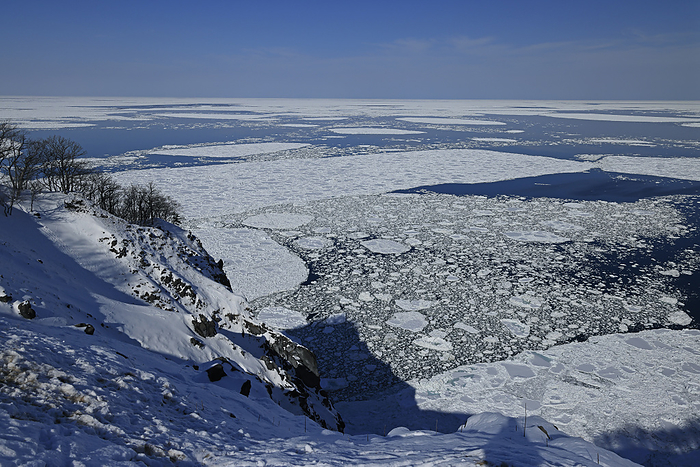 Drift ice on the Sea of Okhotsk from the cliffs of Yunohana Falls, Hokkaido