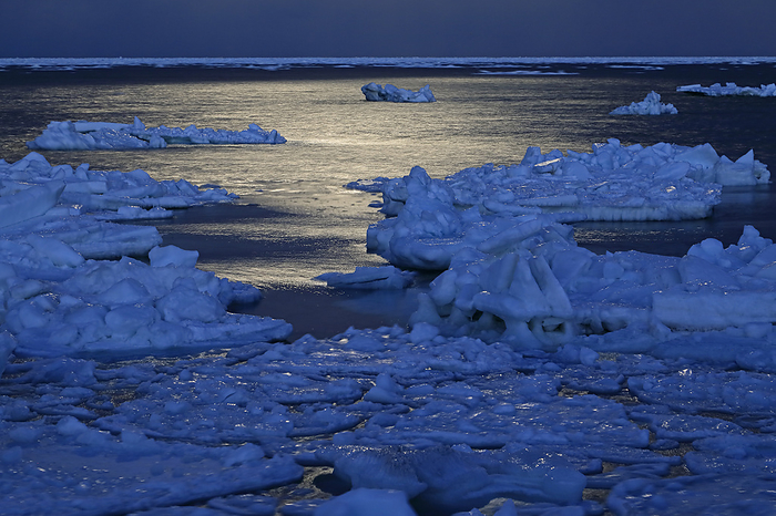 Moonlit drift ice in the Sea of Okhotsk, Hokkaido