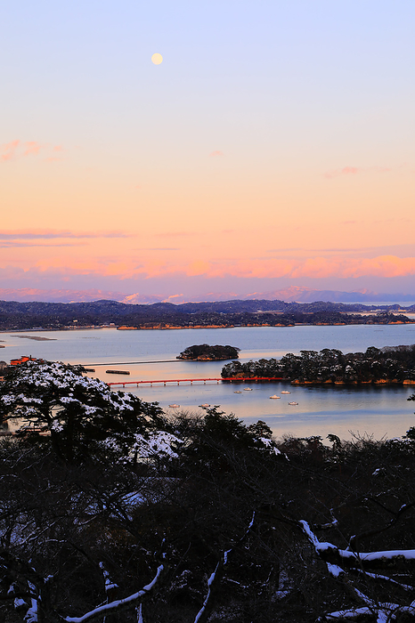 Full moon and Matsushima in winter from Saigyo Back Pine Park, Miyagi, Japan