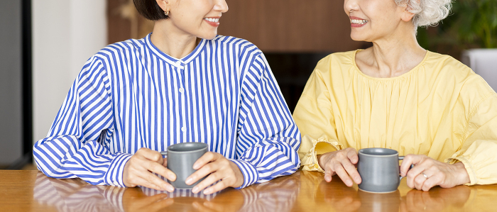 Two women having a pleasant conversation in the living room (Japanese / People)