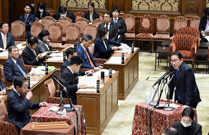Diet, Budget Committee of the House of Representatives Prime Minister Fumio Kishida  right  answers questions from former Prime Minister Yoshihiko Noda  front left  of the Constitutional Democratic Party of Japan  DPJ  at the Budget Committee of the House of Representatives, 10:48 a.m., February 26, 2024 in the Diet.