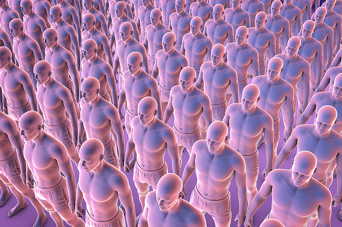 Clones of identical people, illustration Illustration of clones of identical people, standing in an organised manner. This could represent conformity, identity and societal norms., by KATERYNA KON SCIENCE PHOTO LIBRARY
