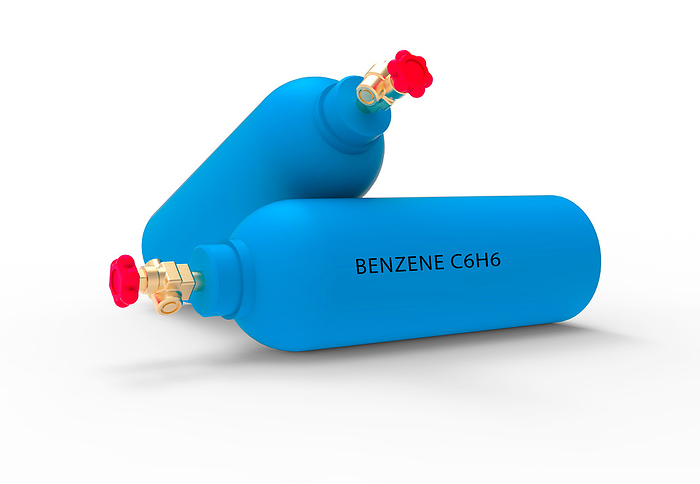 Canister of benzene gas Canister of benzene gas. Benzene is a colourless liquid with a sweet, aromatic odour. It is widely used as a raw material in the production of various chemicals, including plastics, synthetic fibres, and rubber., by WLADIMIR BULGAR SCIENCE PHOTO LIBRARY